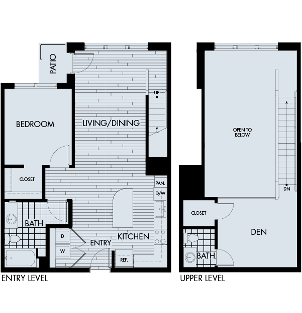 Floor plan for 1 bed, 1.5 baths, 1107 sqft